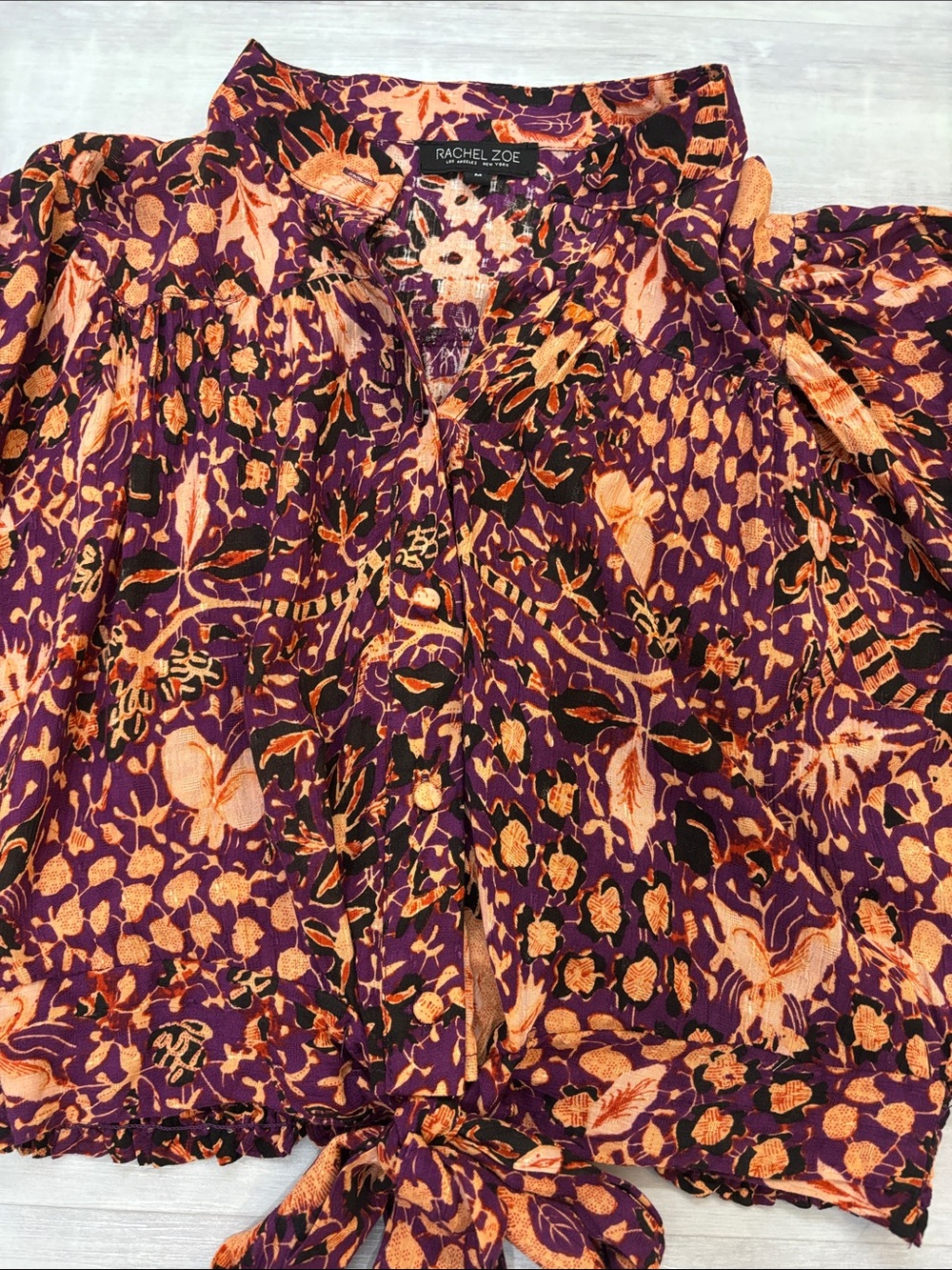 Rachel Zoe Tie-Front Floral Crop Blouse - Purple & Orange Tie Front. Button up. - Picture 7 of 8